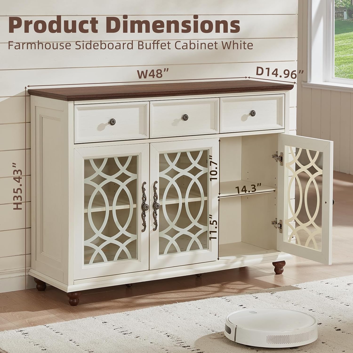 White 48in Glass Door Farmhouse Sideboard Cabinet