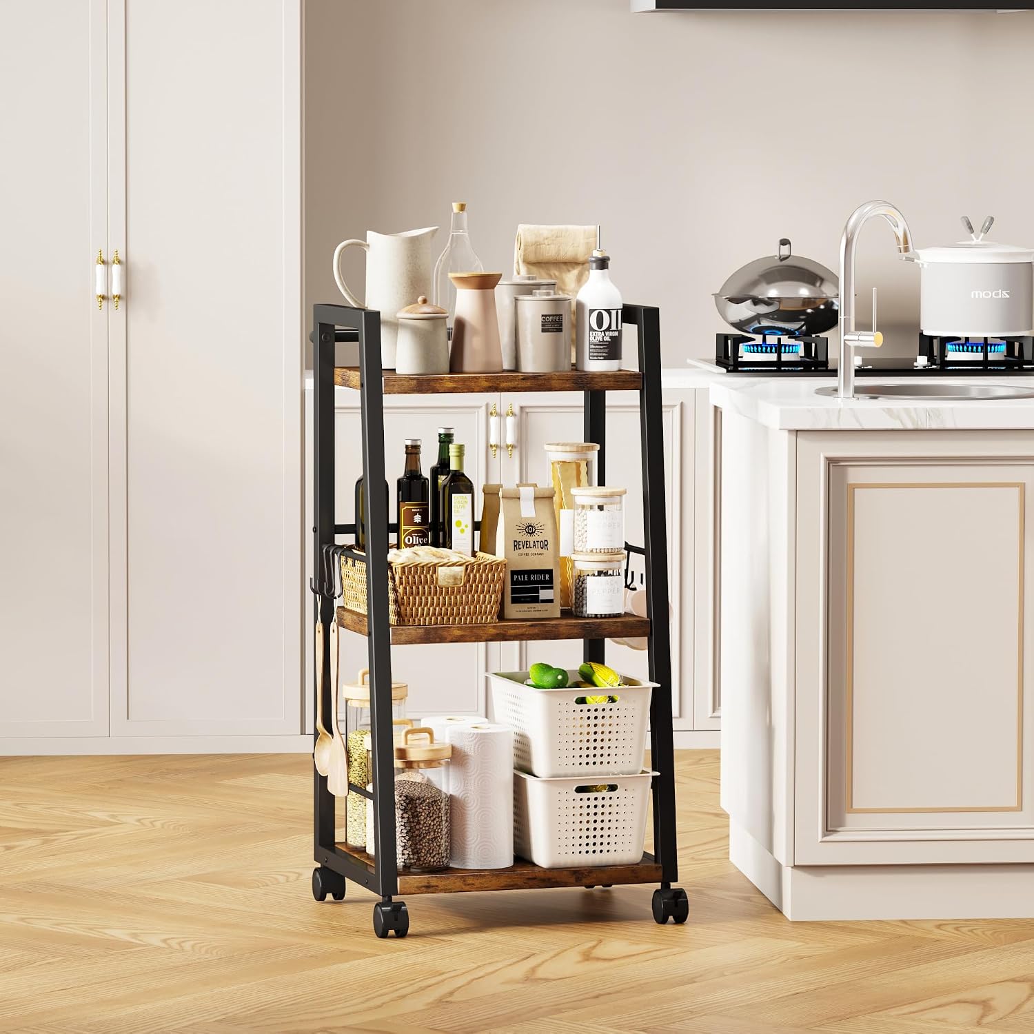 Rustic Brown 3-Tier Rolling Kitchen Bar Cart