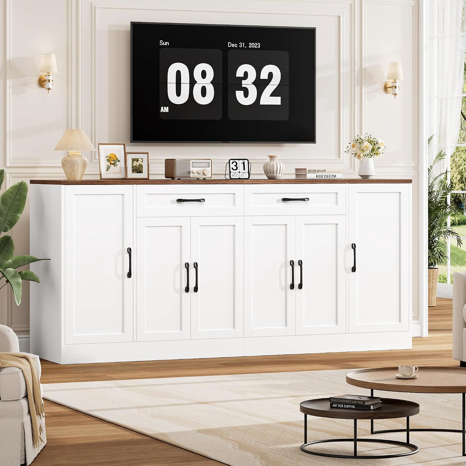 White 71in Soft Close Storage Sideboard Cabinet