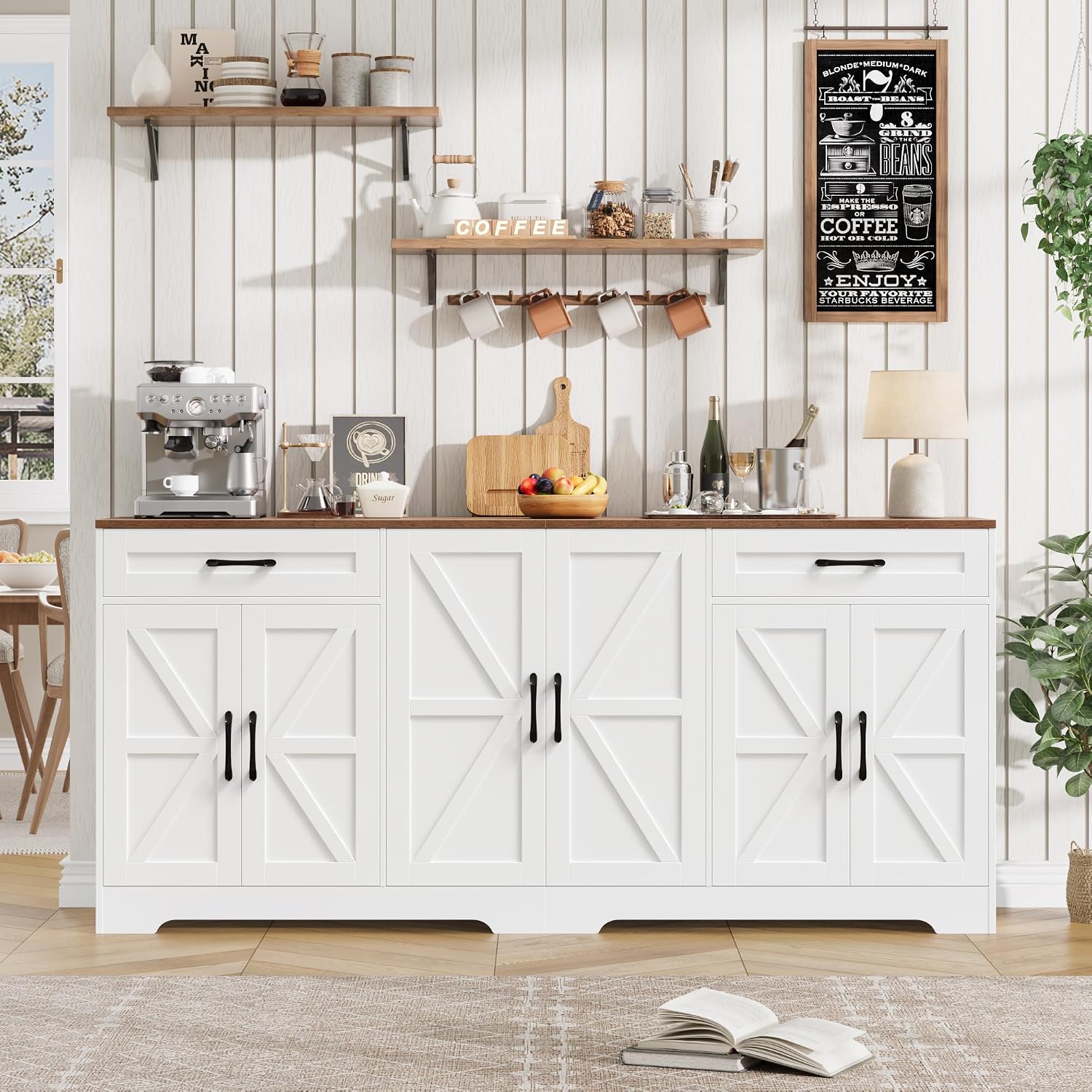 White 71in Barn Door Farmhouse Storage Sideboard
