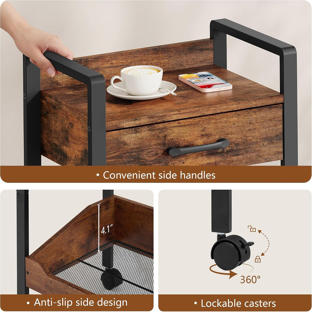 Rustic Brown 3-Tier Rolling Storage Cart