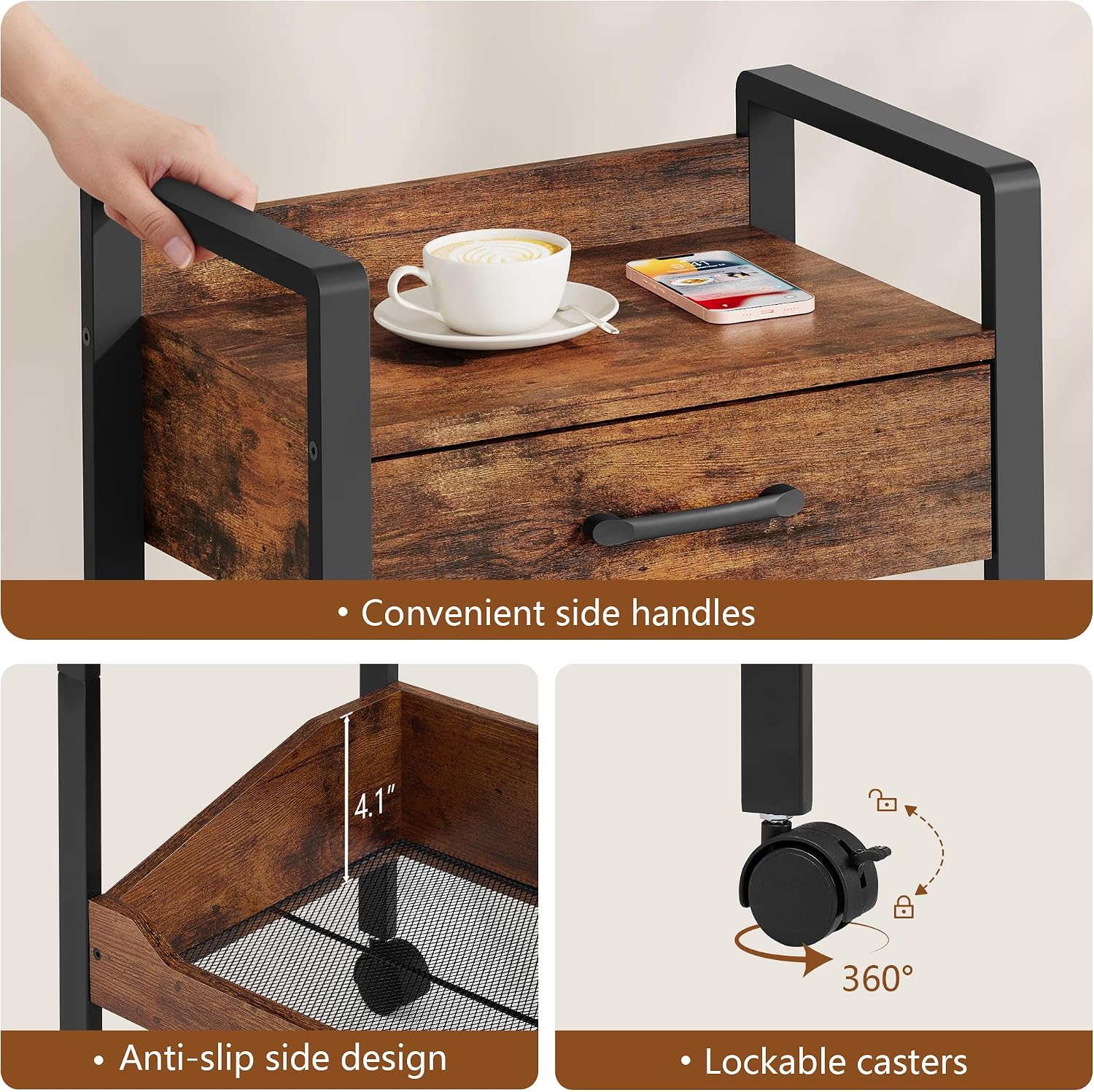Rustic Brown 3-Tier Rolling Storage Cart