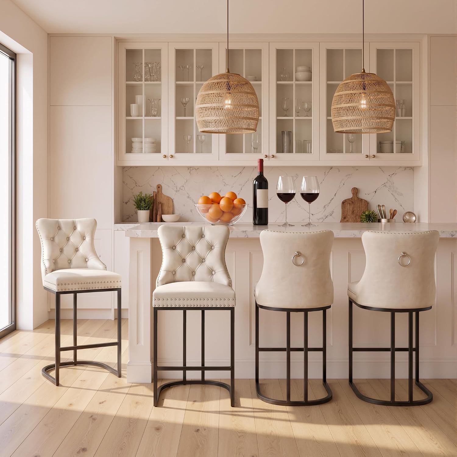 Beige 26" Faux Leather Metal Leg Counter Stools Set of 4