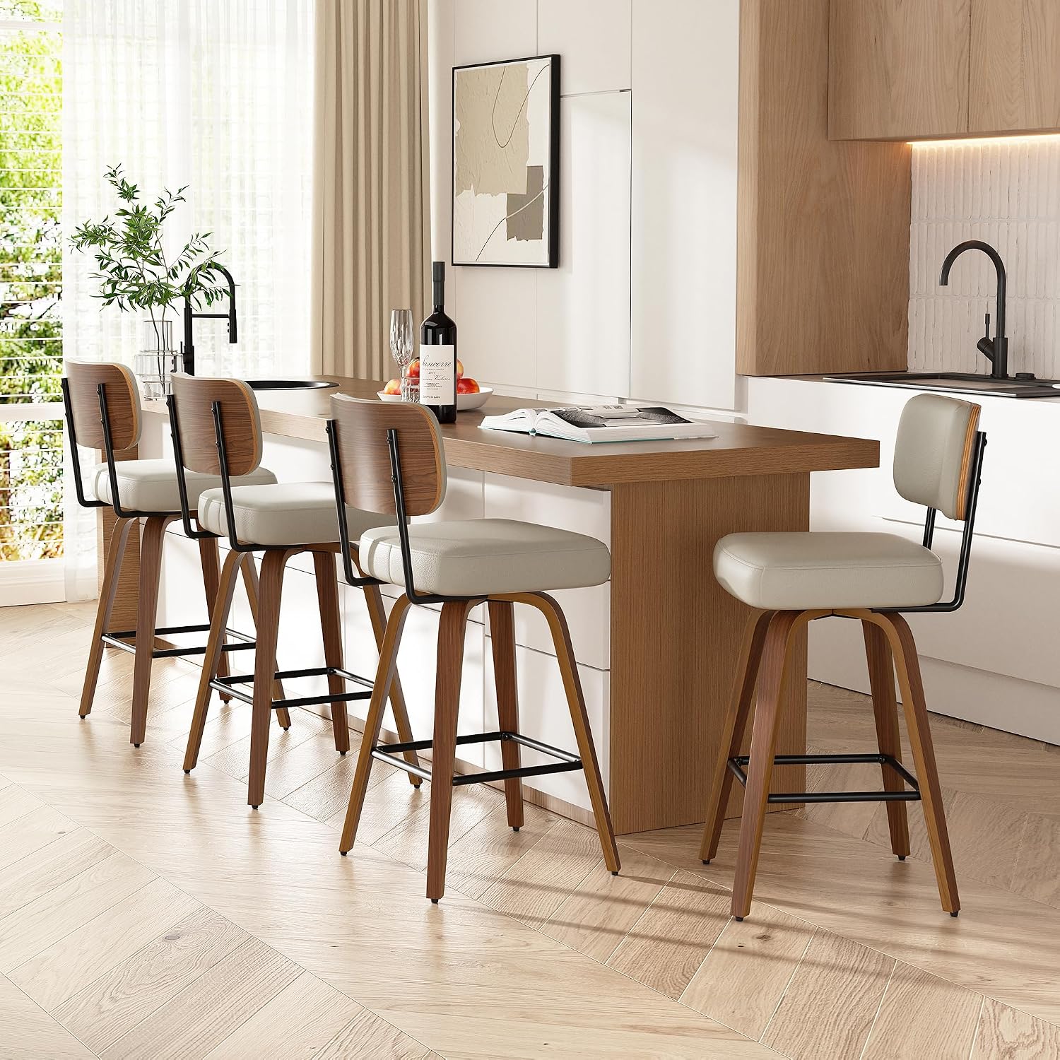 Beige Grey 26" Faux Leather Counter Bar Stools Set of 4