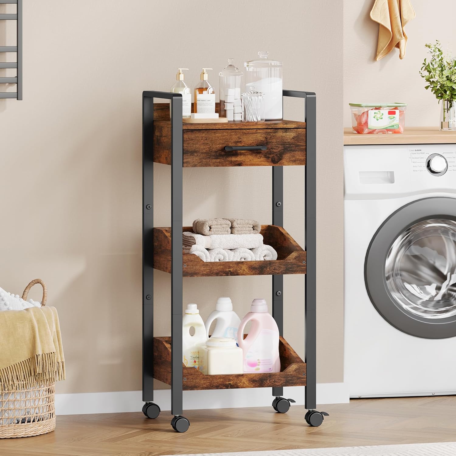 Rustic Brown 3-Tier Rolling Storage Cart