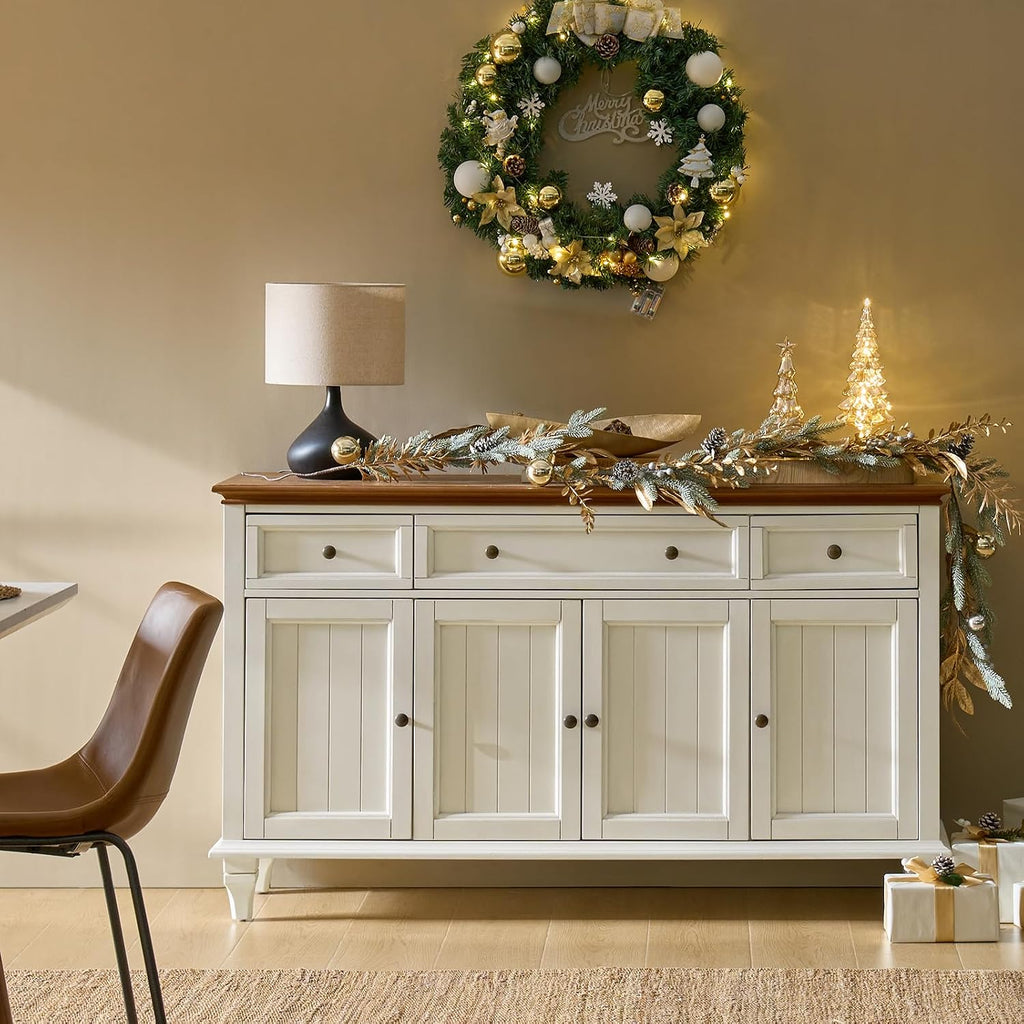 White Tufted 58in Farmhouse Storage Sideboard