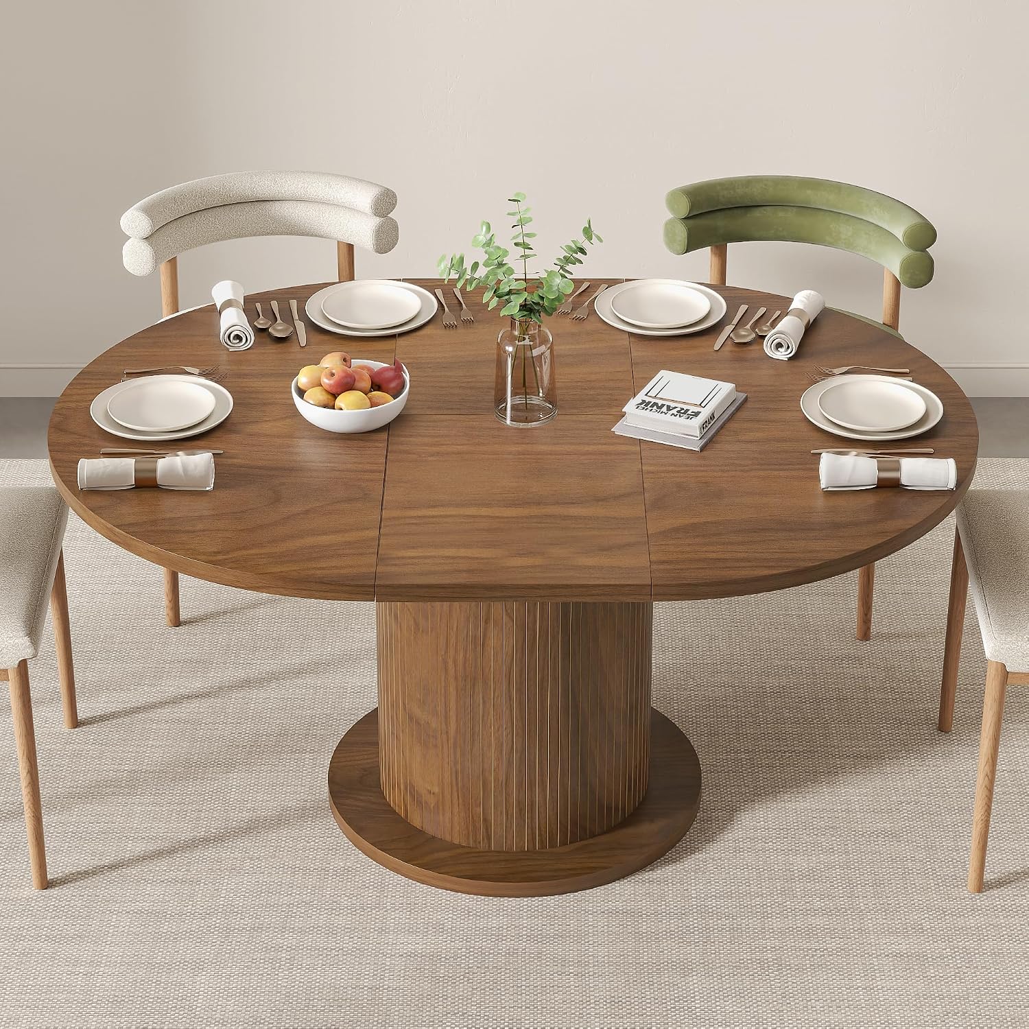 Walnut Adjustable Round Farmhouse Dining Table