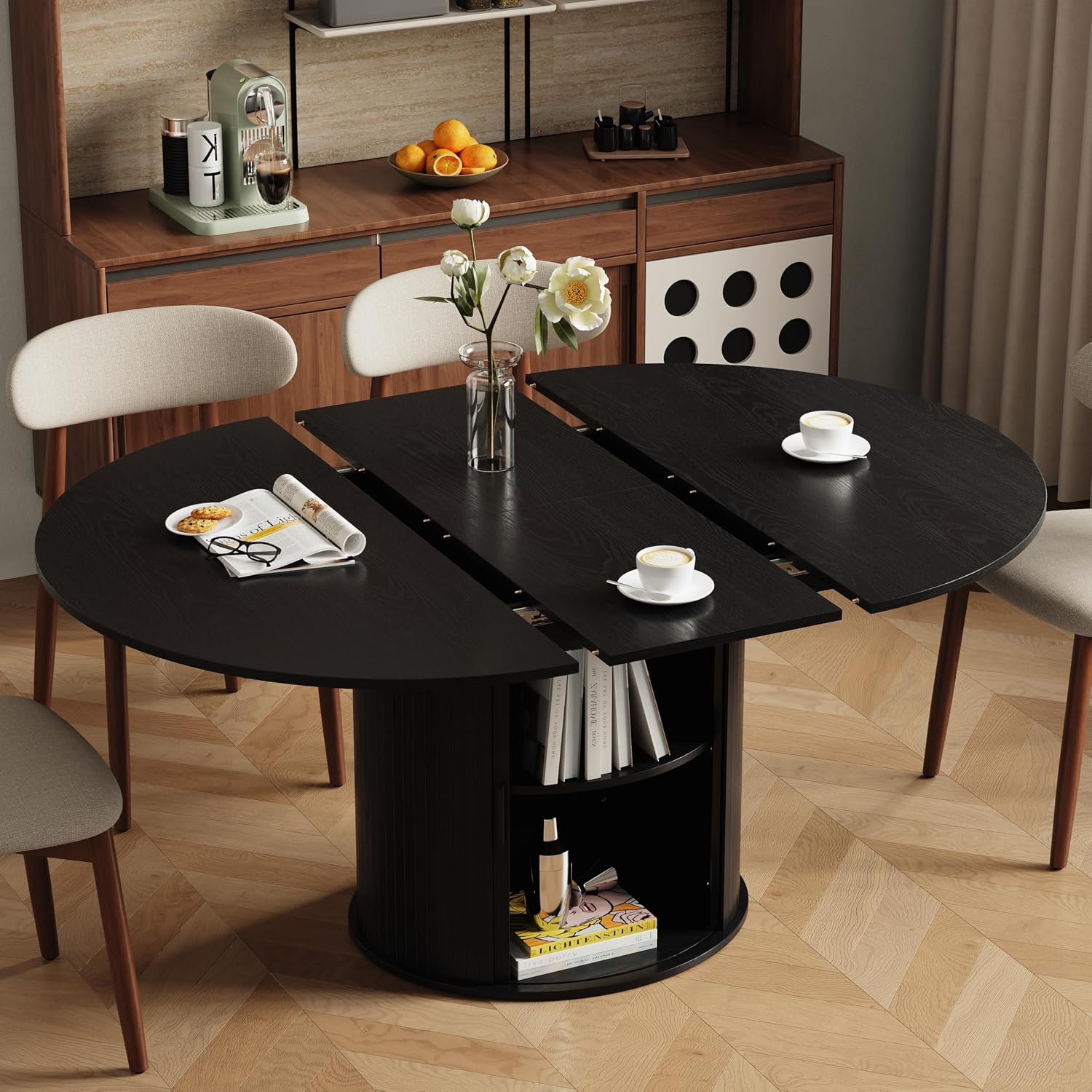 Black Fluted Extendable Round Dining Table