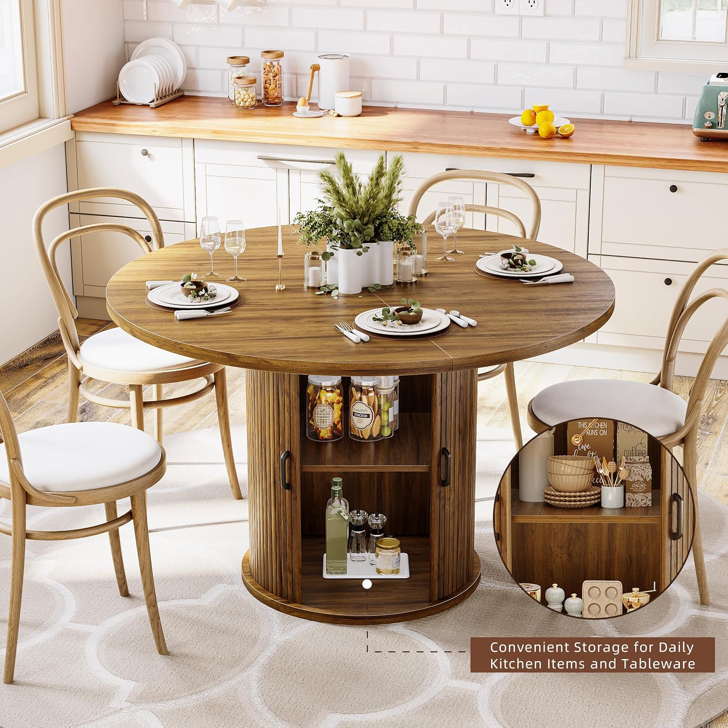 Walnut Storage Round Farmhouse Table