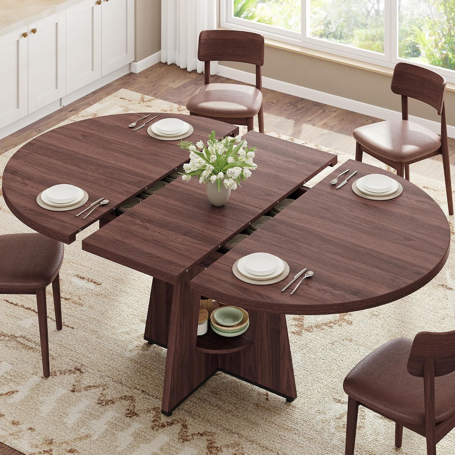 Brown Oval Extendable Pedestal Dining Table