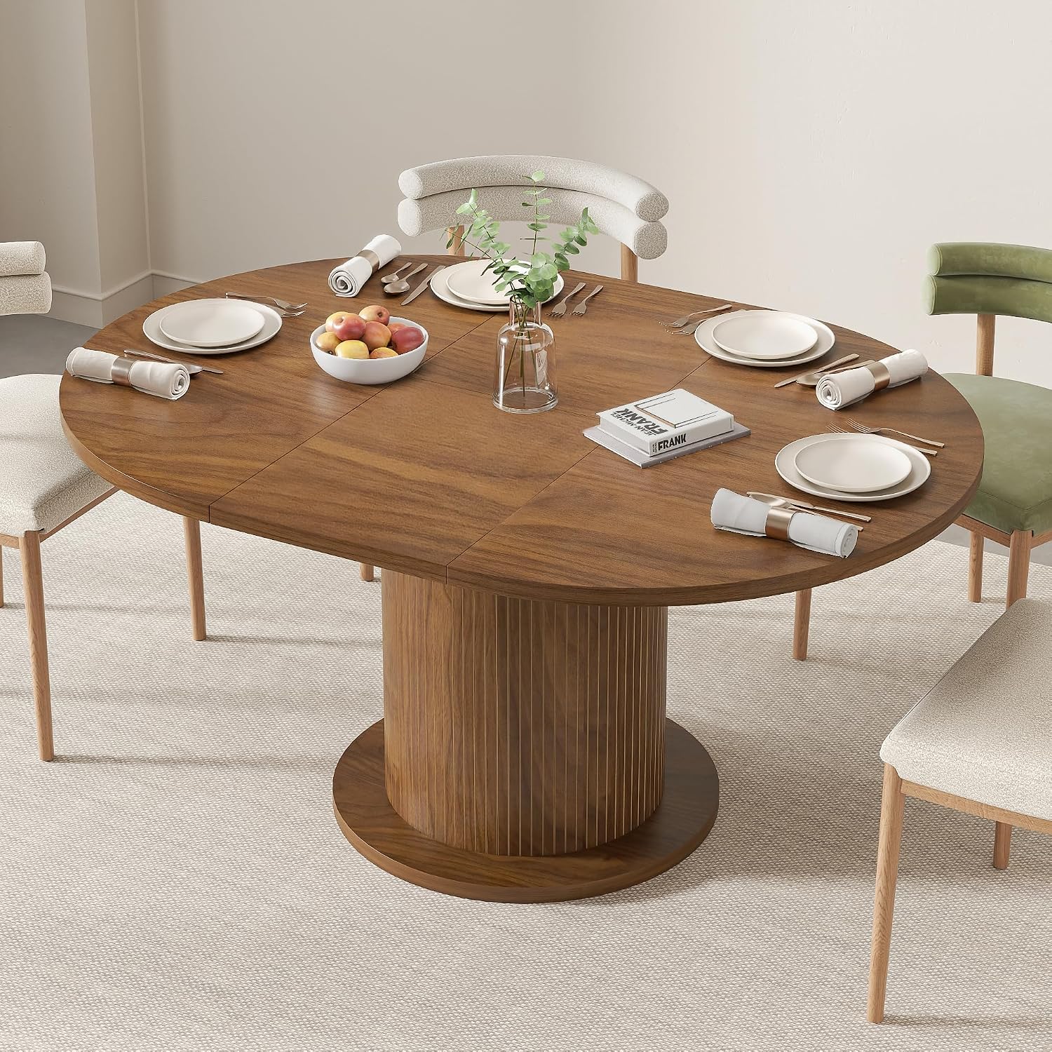 Walnut Adjustable Round Farmhouse Dining Table
