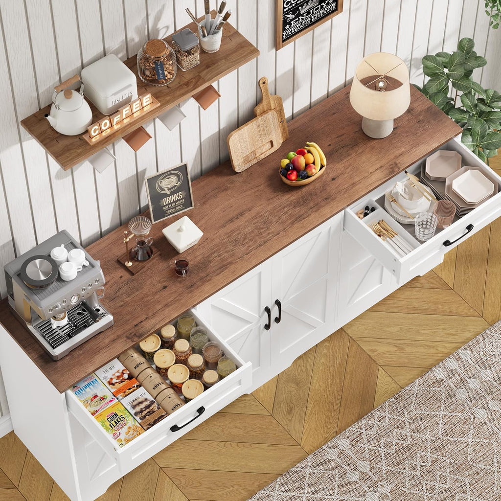 White 71in Barn Door Farmhouse Storage Sideboard