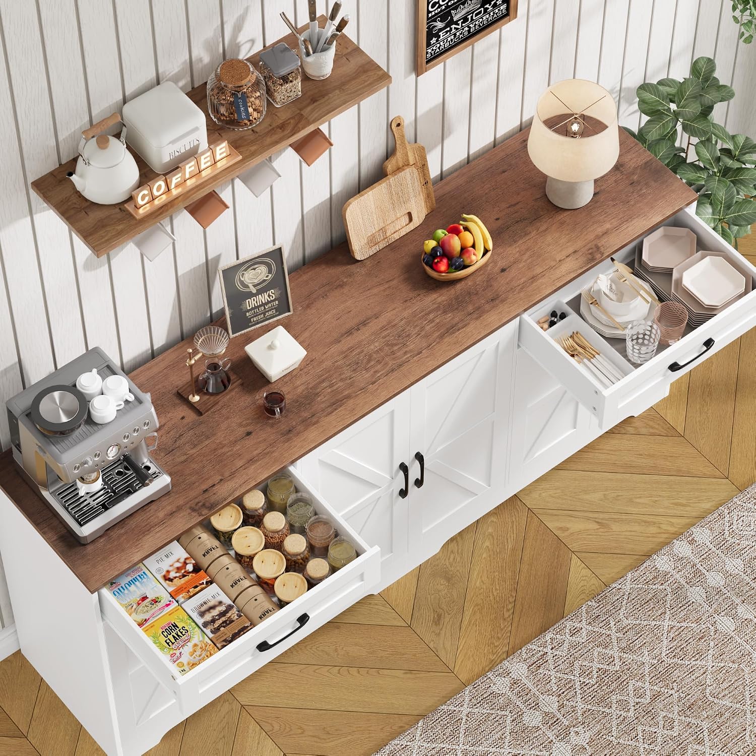 White 71in Barn Door Farmhouse Storage Sideboard