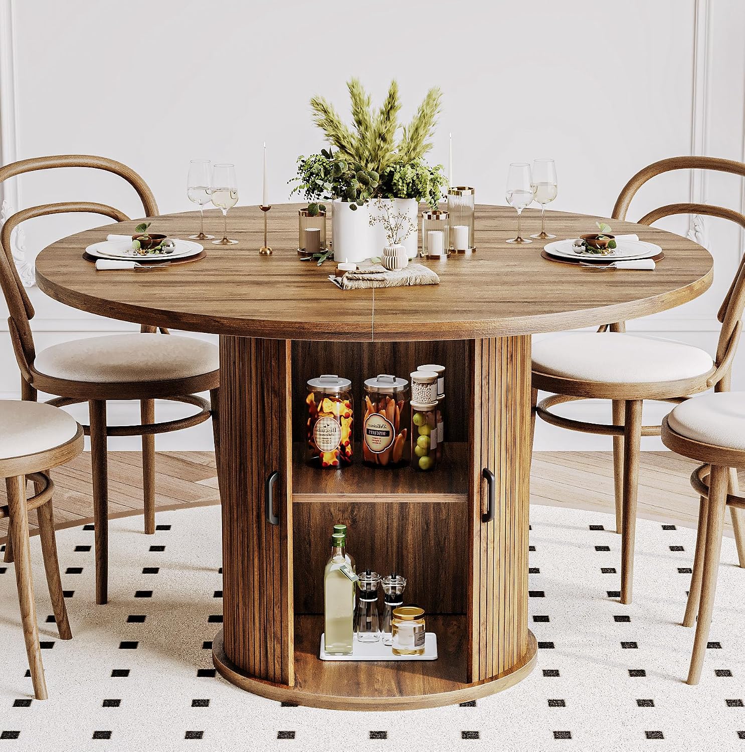 Walnut Storage Round Farmhouse Table