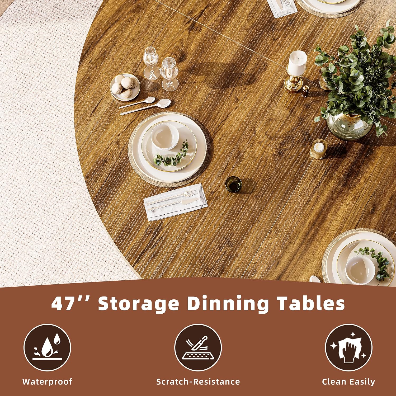 Walnut Storage Round Farmhouse Table